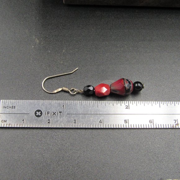 Sterling Silver Red Black Faceted Stone Dangle Earrings Vintage - Picture 4 of 5
